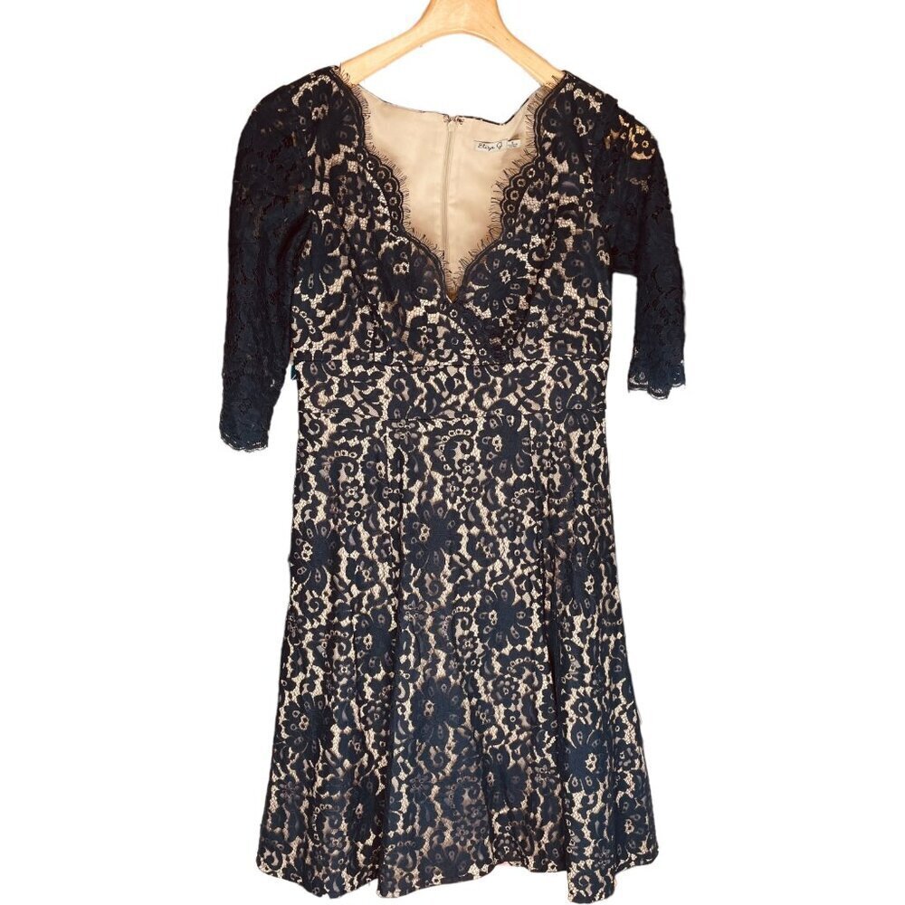 Navy Lace Overlay V-Neck Dress with Nude Lining